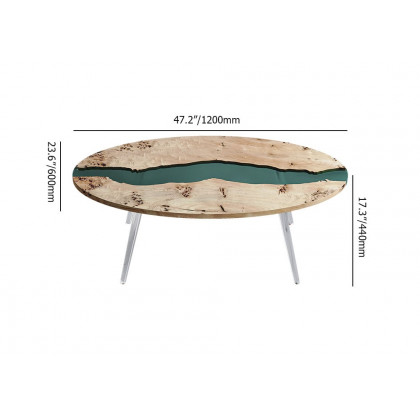 HMR - Modern Natural Oval Coffee Table with Solid Wood & Resin Tabletop & Acrylic Legs