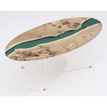 HMR - Modern Natural Oval Coffee Table with Solid Wood & Resin Tabletop & Acrylic Legs