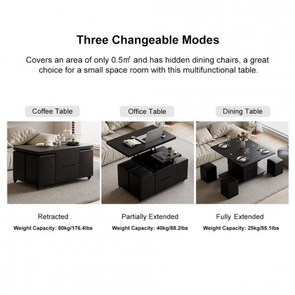 HMR 39" Lift-Top Foldable Coffee Table with 4 Stools & Storage - Black