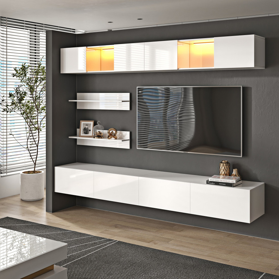 HMR - LED Floating Entertainment Center Wood TV Stand Wall Mount Unit Set in White