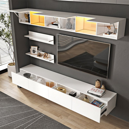 HMR - LED Floating Entertainment Center Wood TV Stand Wall Mount Unit Set in White