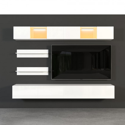 HMR - LED Floating Entertainment Center Wood TV Stand Wall Mount Unit Set in White