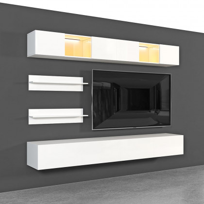 HMR - LED Floating Entertainment Center Wood TV Stand Wall Mount Unit Set in White