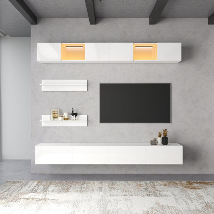HMR - LED Floating Entertainment Center Wood TV Stand Wall Mount Unit Set in White
