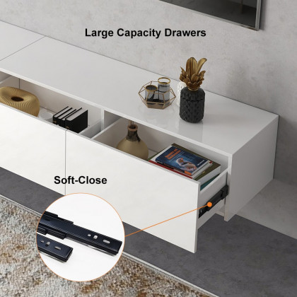 HMR - LED Floating Entertainment Center Wood TV Stand Wall Mount Unit Set in White