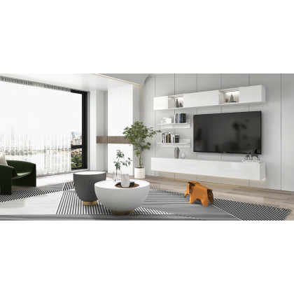 HMR - LED Floating Entertainment Center Wood TV Stand Wall Mount Unit Set in White