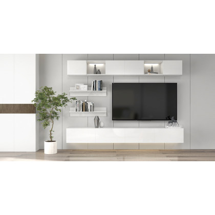 HMR - LED Floating Entertainment Center Wood TV Stand Wall Mount Unit Set in White
