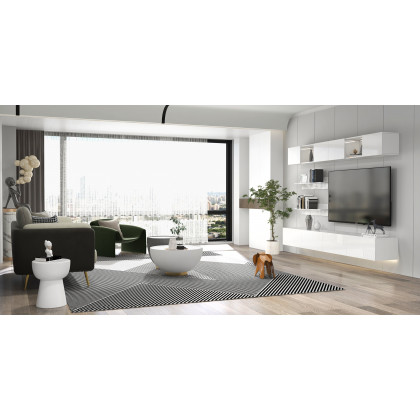HMR - LED Floating Entertainment Center Wood TV Stand Wall Mount Unit Set in White
