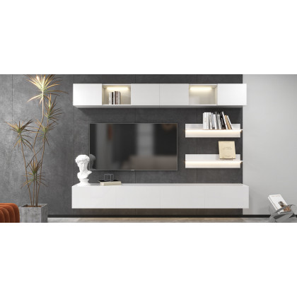 HMR - LED Floating Entertainment Center Wood TV Stand Wall Mount Unit Set in White