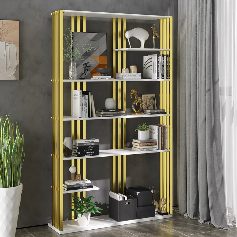 HMR Modern Etagere Bookshelf with 6-Shelf - White/Gold