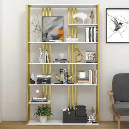 HMR Modern Etagere Bookshelf with 6-Shelf - White/Gold