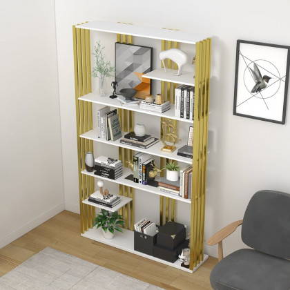 HMR Modern Etagere Bookshelf with 6-Shelf - White/Gold