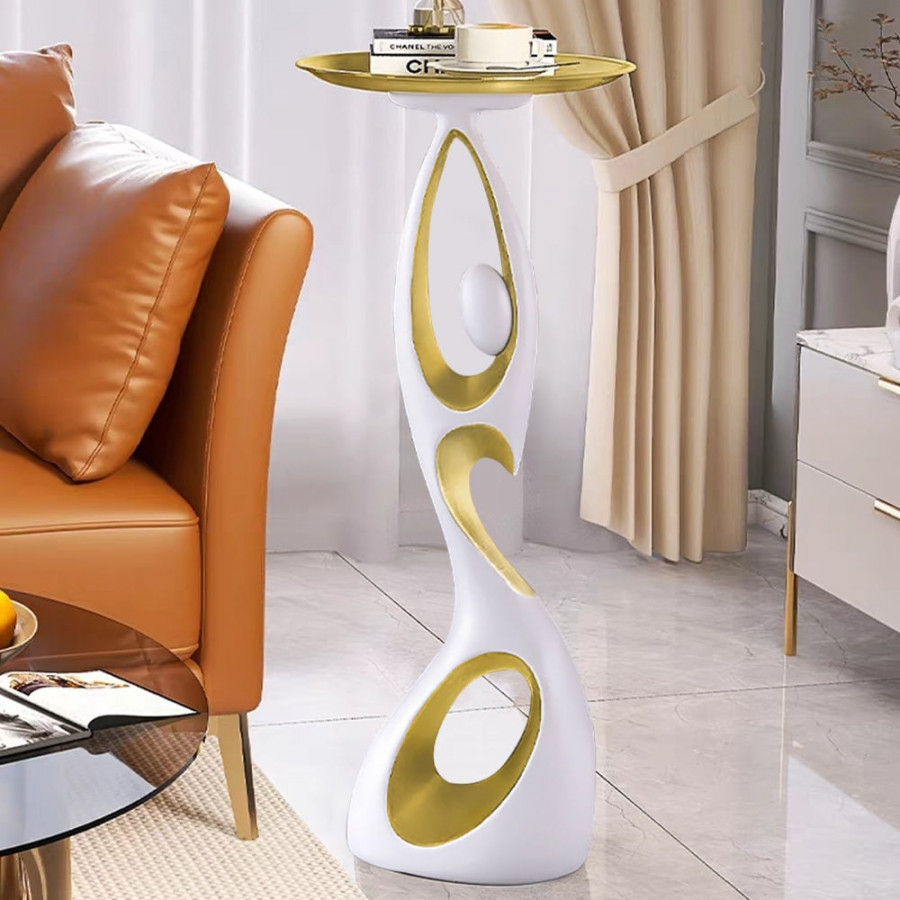 HMR - Art Figurine Resin Gold Side Table with Tray Top