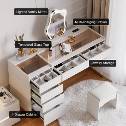 HMR - LED Mirror Makeup Vanity Set with 2 Smart Nightstands