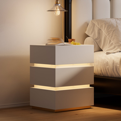 HMR Nightstand with Light & Charging Station - White, 3 Drawers, Set Of 2