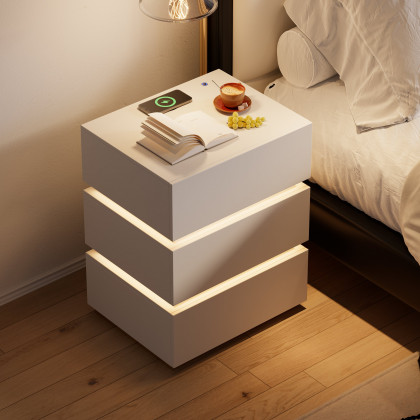 HMR Nightstand with Light & Charging Station - White, 3 Drawers, Set Of 2