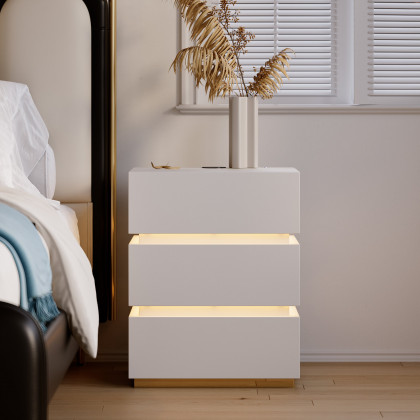 HMR Nightstand with Light & Charging Station - White, 3 Drawers, Set Of 2