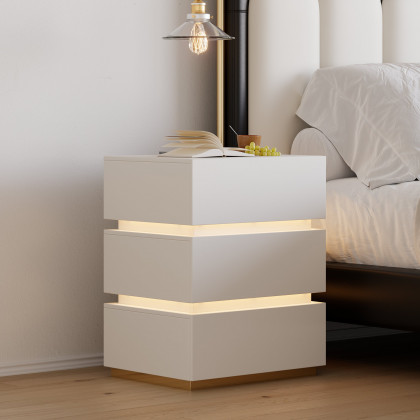 HMR Nightstand with Light & Charging Station - White, 3 Drawers, Set Of 2