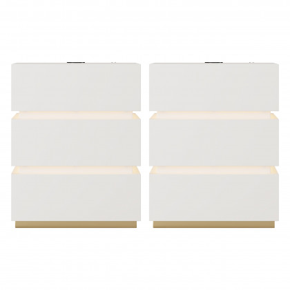 HMR Nightstand with Light & Charging Station - White, 3 Drawers, Set Of 2