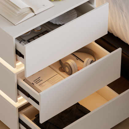 HMR Nightstand with Light & Charging Station - White, 3 Drawers, Set Of 2