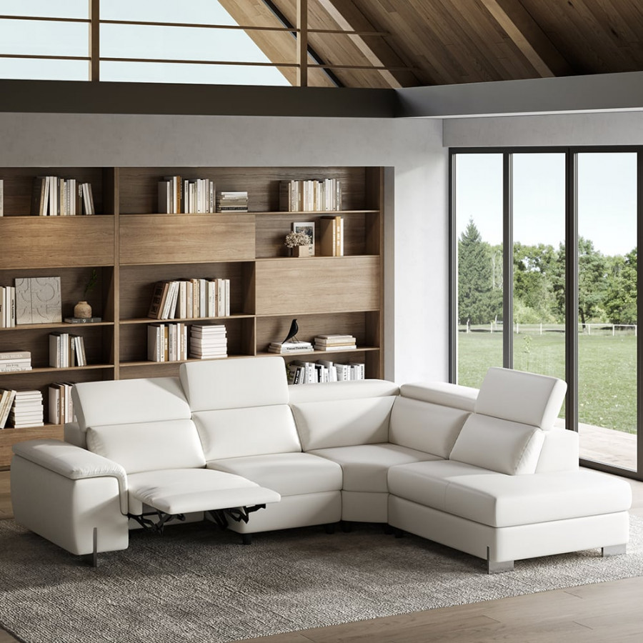 HMR - 122.4" White Faux Leather Power Reclining Sectional Sofa Adjustable Headrest L-Shaped