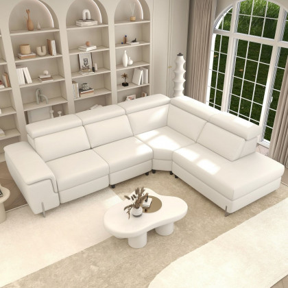 HMR - 122.4" White Faux Leather Power Reclining Sectional Sofa Adjustable Headrest L-Shaped