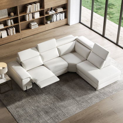 HMR - 122.4" White Faux Leather Power Reclining Sectional Sofa Adjustable Headrest L-Shaped