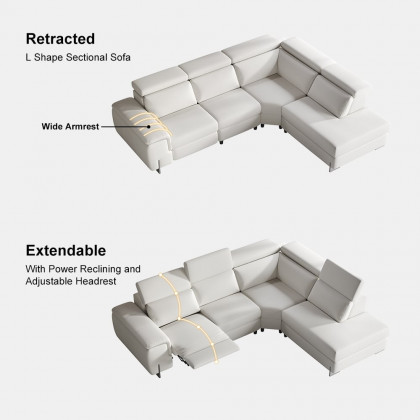 HMR - 122.4" White Faux Leather Power Reclining Sectional Sofa Adjustable Headrest L-Shaped
