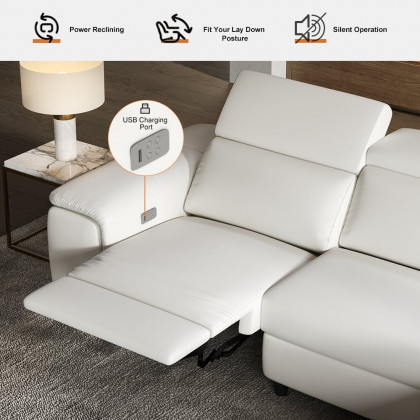 HMR - 122.4" White Faux Leather Power Reclining Sectional Sofa Adjustable Headrest L-Shaped