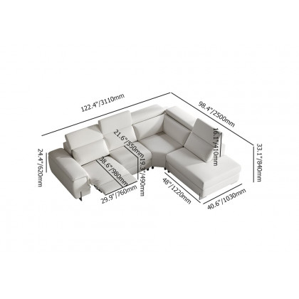 HMR - 122.4" White Faux Leather Power Reclining Sectional Sofa Adjustable Headrest L-Shaped