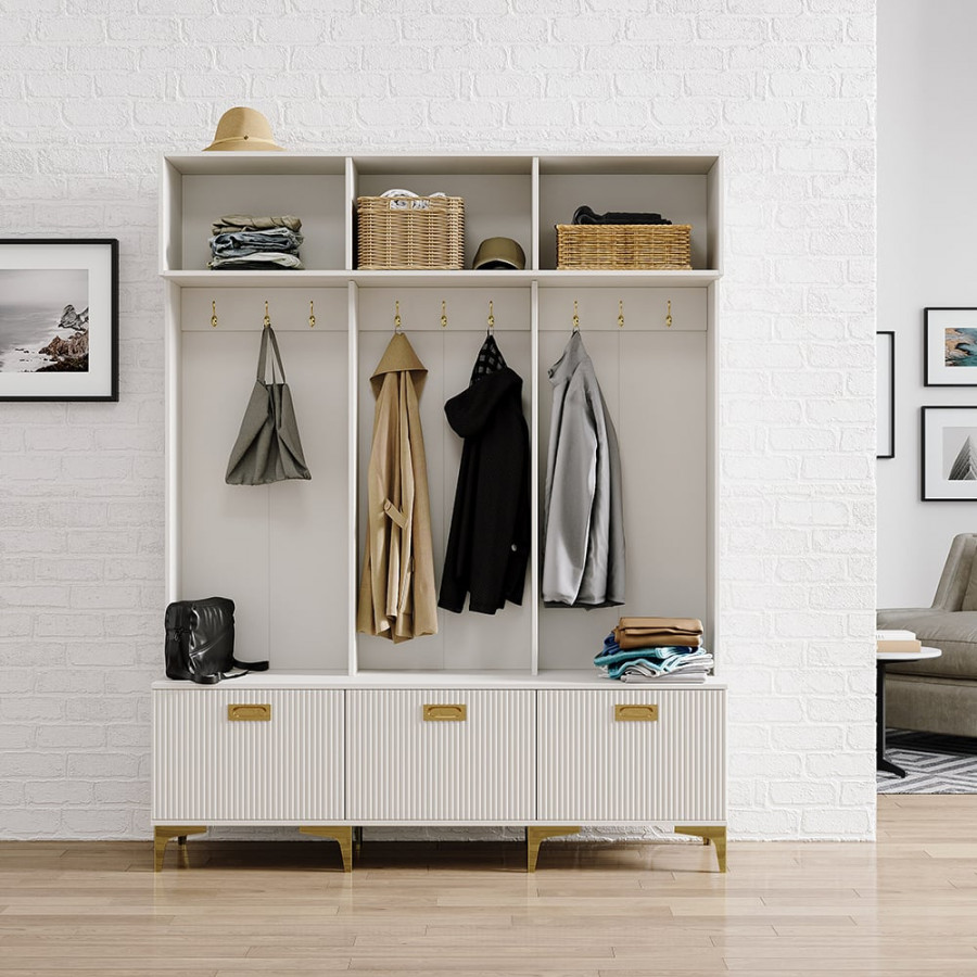 HMR - 59.1" Hall Tree with Bench White Shoe Storage with 9 Hooks & 3 Doors & Open Storage