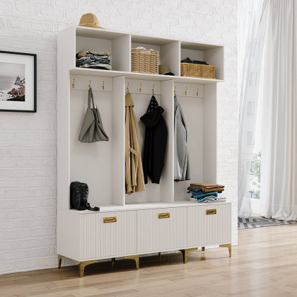 HMR - 59.1" Hall Tree with Bench White Shoe Storage with 9 Hooks & 3 Doors & Open Storage