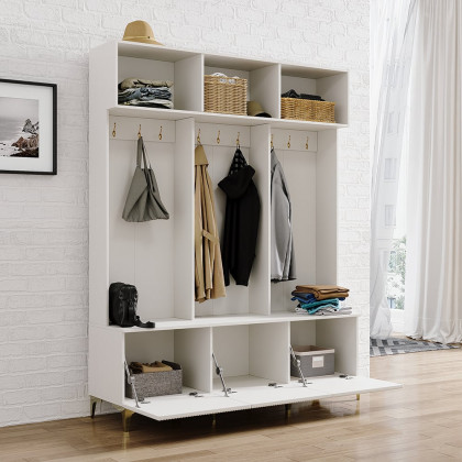 HMR - 59.1" Hall Tree with Bench White Shoe Storage with 9 Hooks & 3 Doors & Open Storage