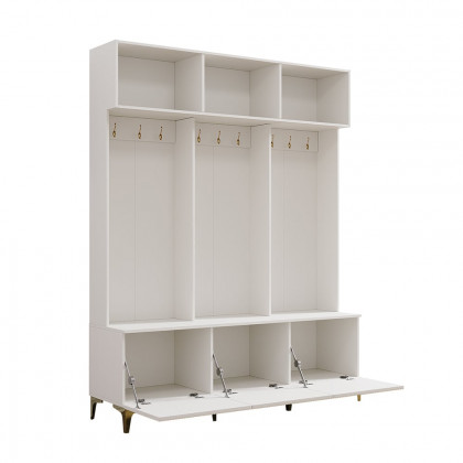 HMR - 59.1" Hall Tree with Bench White Shoe Storage with 9 Hooks & 3 Doors & Open Storage
