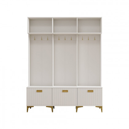 HMR - 59.1" Hall Tree with Bench White Shoe Storage with 9 Hooks & 3 Doors & Open Storage