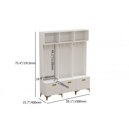 HMR - 59.1" Hall Tree with Bench White Shoe Storage with 9 Hooks & 3 Doors & Open Storage