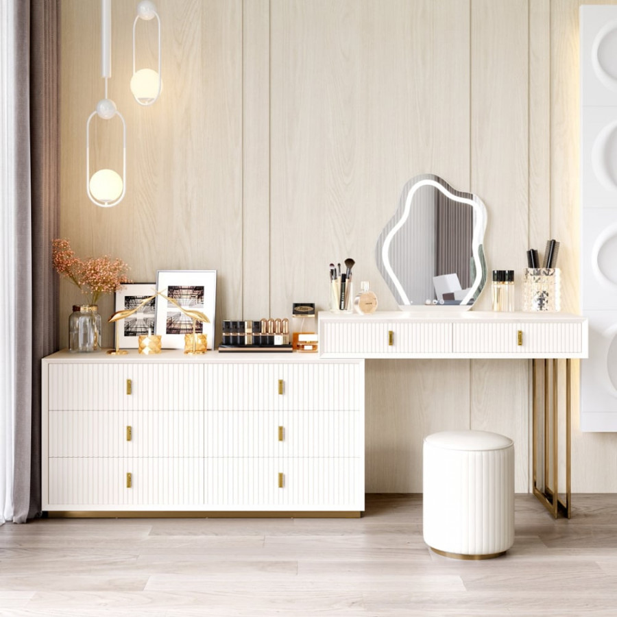 HMR - Modern White Makeup Vanity Set with 6-Drawer Cabinet Dressing Table with Stool & Mirror