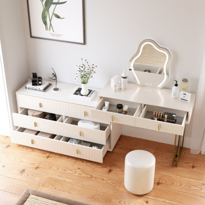 HMR - Modern White Makeup Vanity Set with 6-Drawer Cabinet Dressing Table with Stool & Mirror