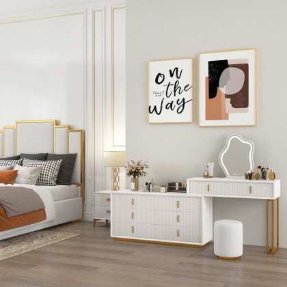 HMR - Modern White Makeup Vanity Set with 6-Drawer Cabinet Dressing Table with Stool & Mirror
