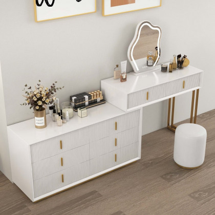 HMR - Modern White Makeup Vanity Set with 6-Drawer Cabinet Dressing Table with Stool & Mirror
