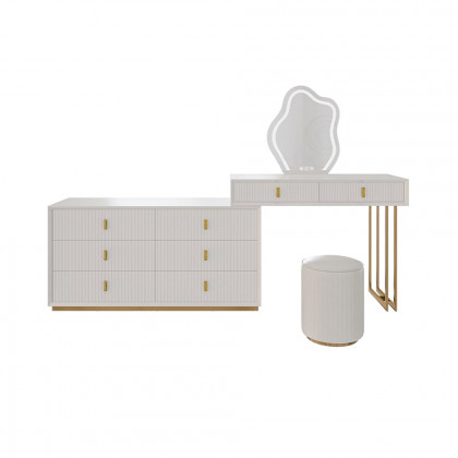 HMR - Modern White Makeup Vanity Set with 6-Drawer Cabinet Dressing Table with Stool & Mirror