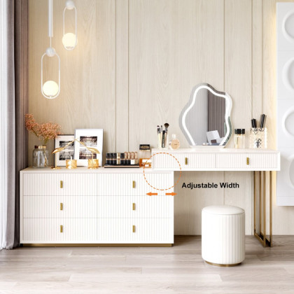 HMR - Modern White Makeup Vanity Set with 6-Drawer Cabinet Dressing Table with Stool & Mirror