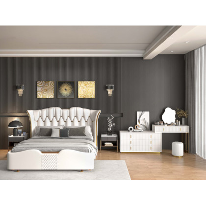 HMR - Modern White Makeup Vanity Set with 6-Drawer Cabinet Dressing Table with Stool & Mirror