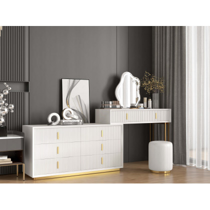 HMR - Modern White Makeup Vanity Set with 6-Drawer Cabinet Dressing Table with Stool & Mirror