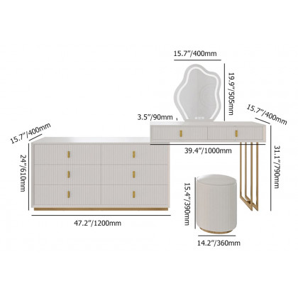 HMR - Modern White Makeup Vanity Set with 6-Drawer Cabinet Dressing Table with Stool & Mirror