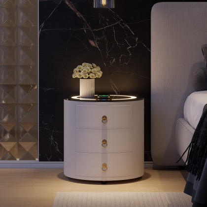 HMR Leather 3-Drawer Smart Nightstand with Light & Speaker - Off-White, Single