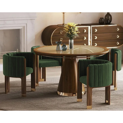 HMR Velvet Fluted Upholstered Accent Chair with Wood Frame (Set of 4) - Green