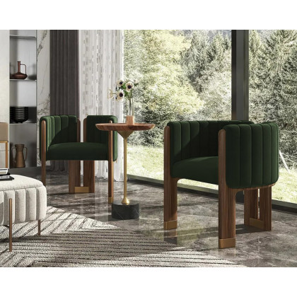 HMR Velvet Fluted Upholstered Accent Chair with Wood Frame (Set of 4) - Green