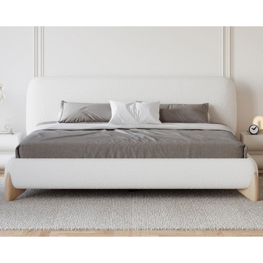 HMR Curva Boucle Queen Upholstered Platform Bed with Natural Legs - White, 60"Wx 80"L, Natural