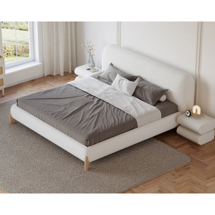 HMR Curva Boucle Queen Upholstered Platform Bed with Natural Legs - White, 60"Wx 80"L, Natural